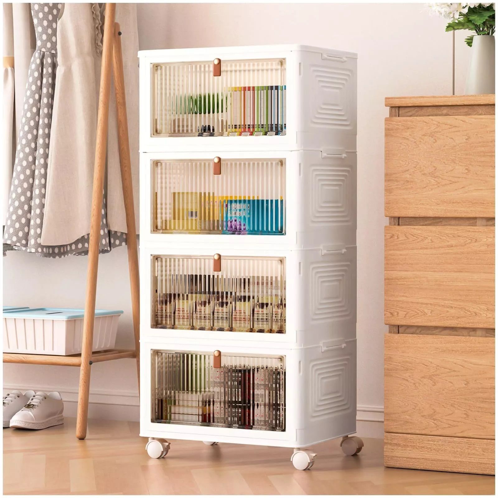 4 Tier Stackable Plastic Storage Bins with Wheels - Organizers for Cupboard Rack Carbon Steel Collapsible Wardrobe-image-41