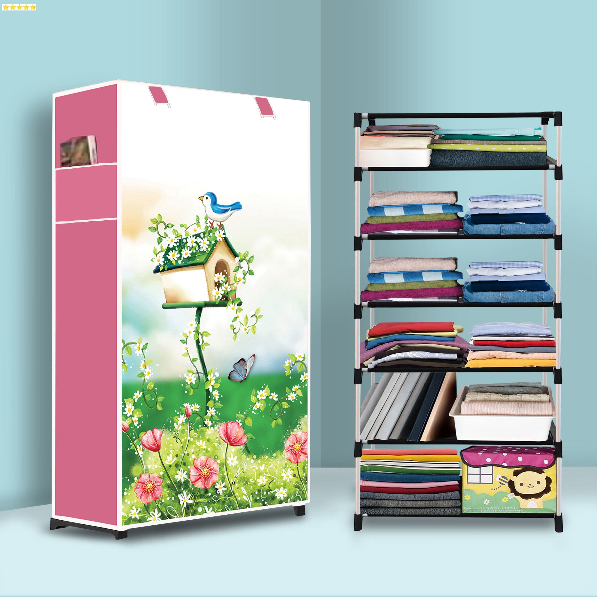6 Shelf Foldable Collapsible Wardrobe Storage Organizer Almirah Cloth Rack PP Collapsible Wardrobe-image-2