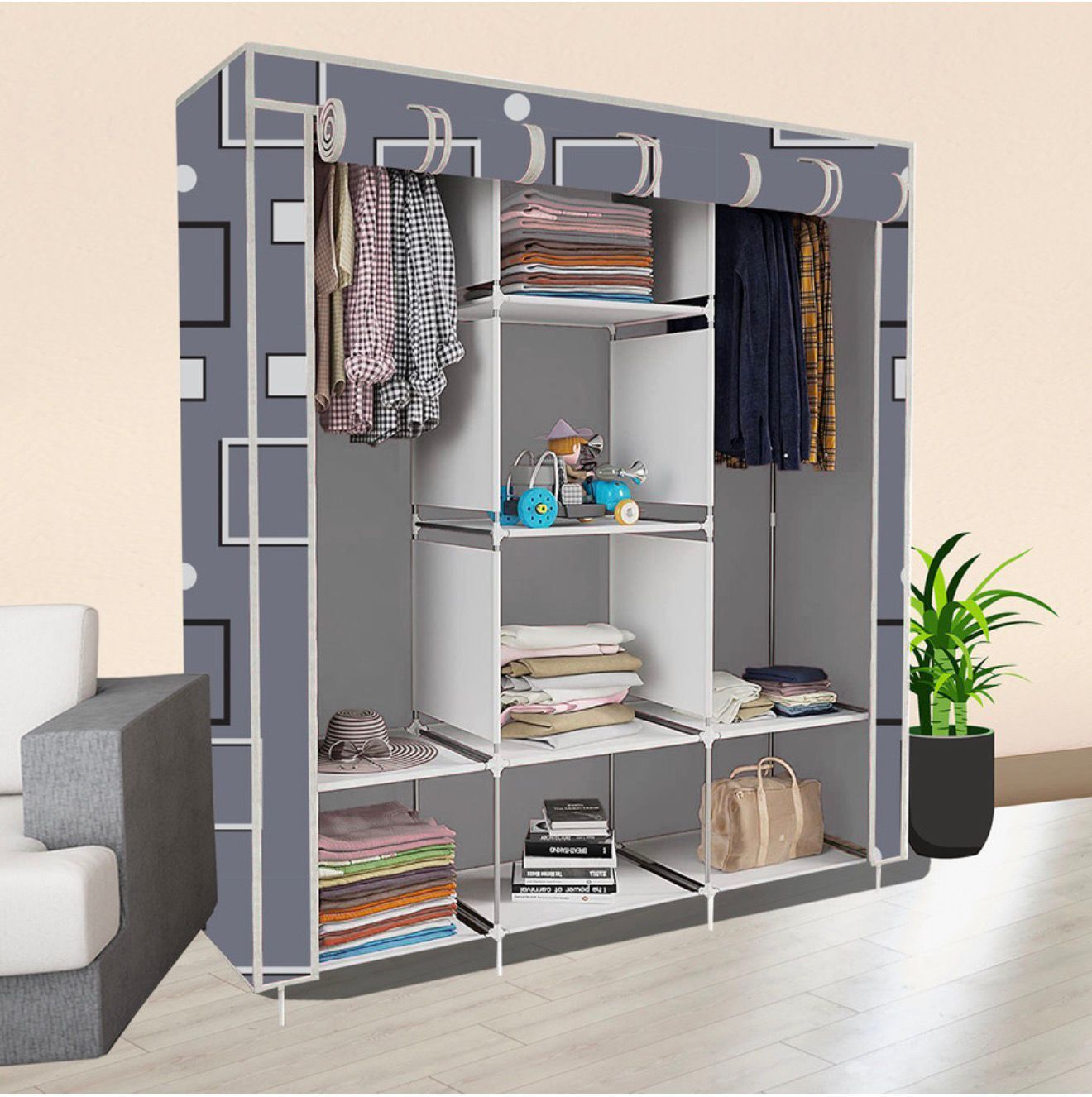 8 Shelf Foldable Collapsible Wardrobe Storage Organizer Almirah Cloth Rack Carbon Steel Collapsible Wardrobe-image-21