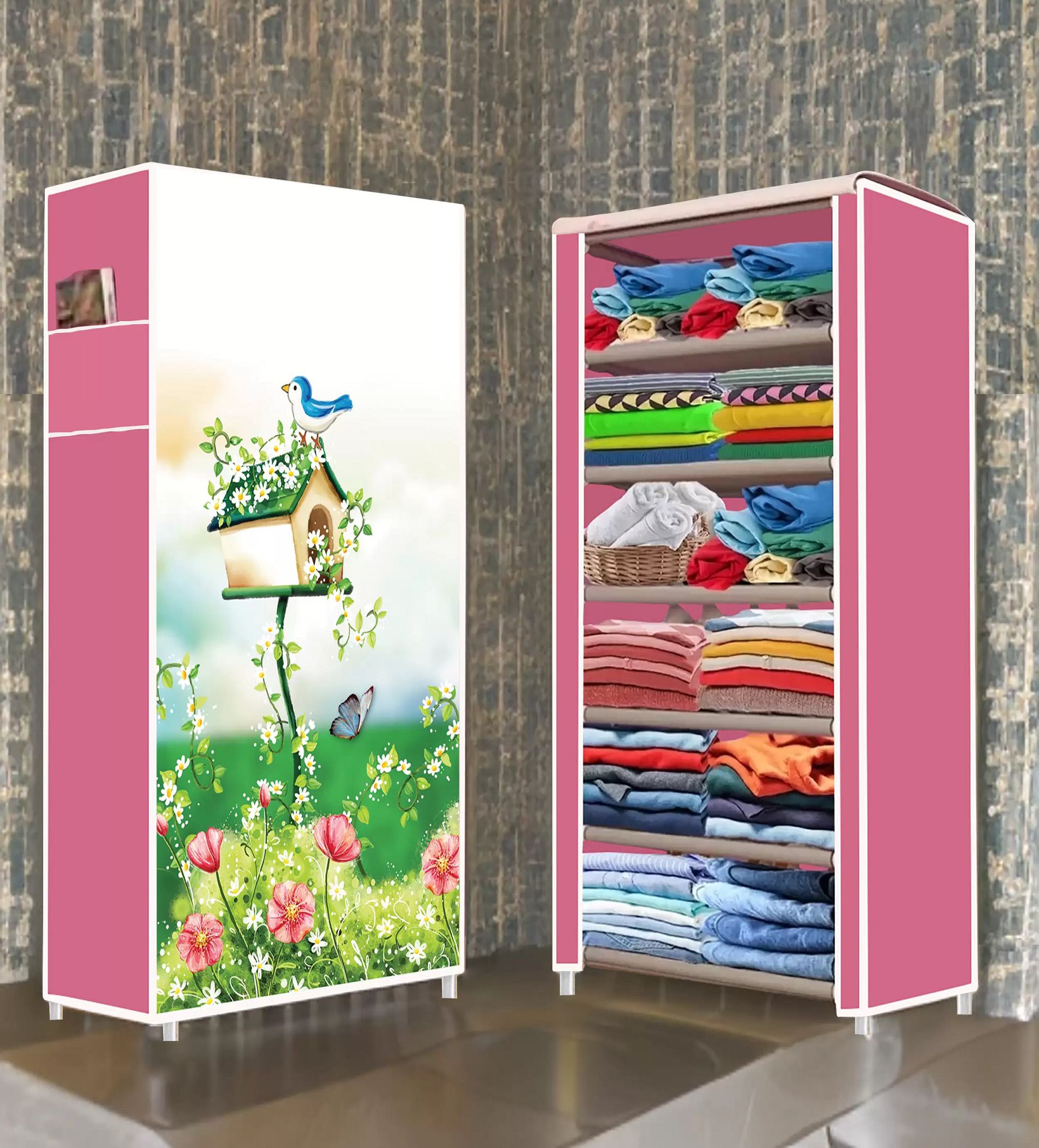 Bird Tree House Print Pink Wardrobe 6 Layer PP Collapsible Wardrobe-image-8