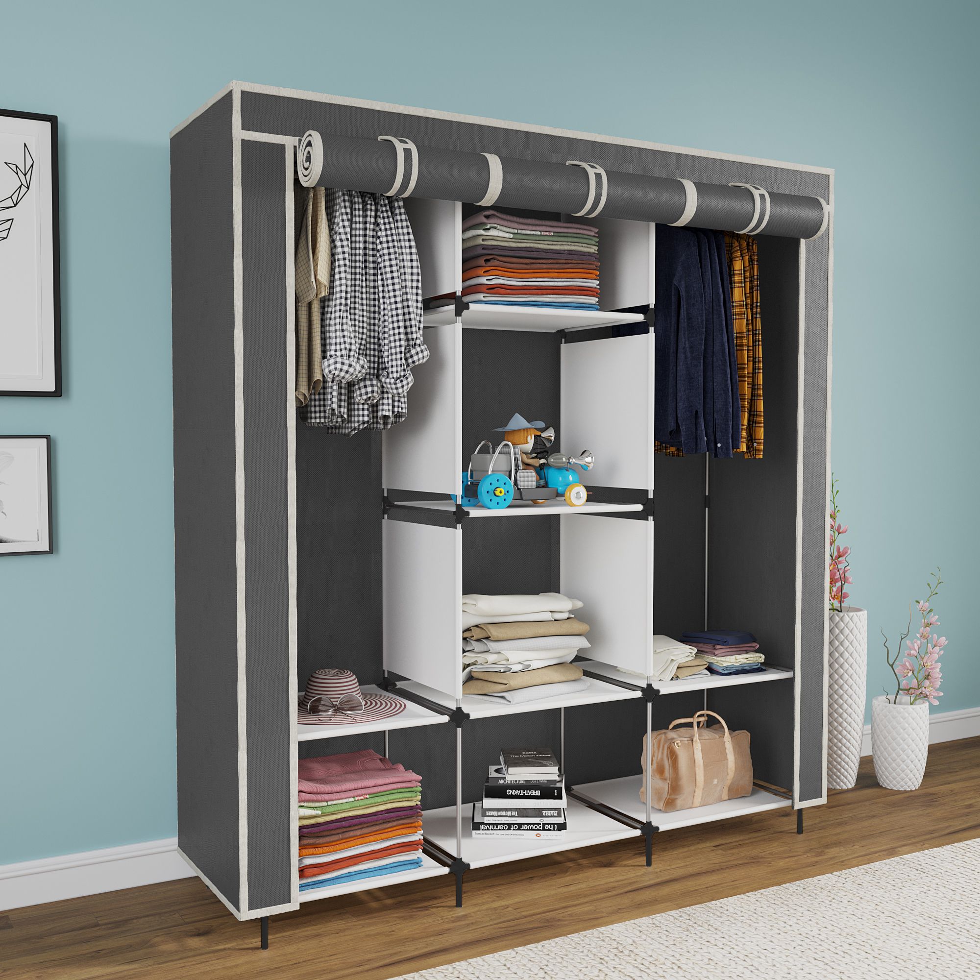 furnigully 88130 Grey Cloth Rack Storage Organizer Shelves Almirah PP Collapsible Wardrobe-picture-13