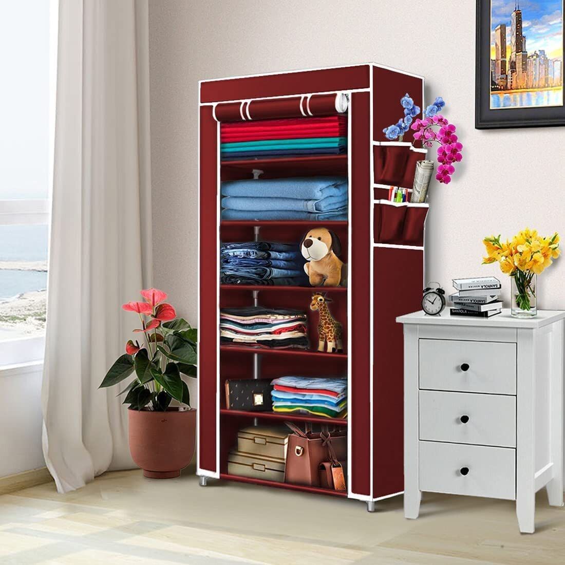 zofiy 6 Layer Metal Frame Clothes Organizer - Maroon PP Collapsible Wardrobe-picture-18