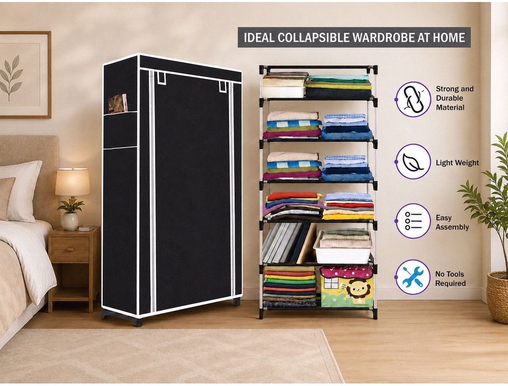 saintwod Shelf Foldable Wardrobe Storage Organizer Cloth Rack PVC Collapsible Wardrobe-picture-14