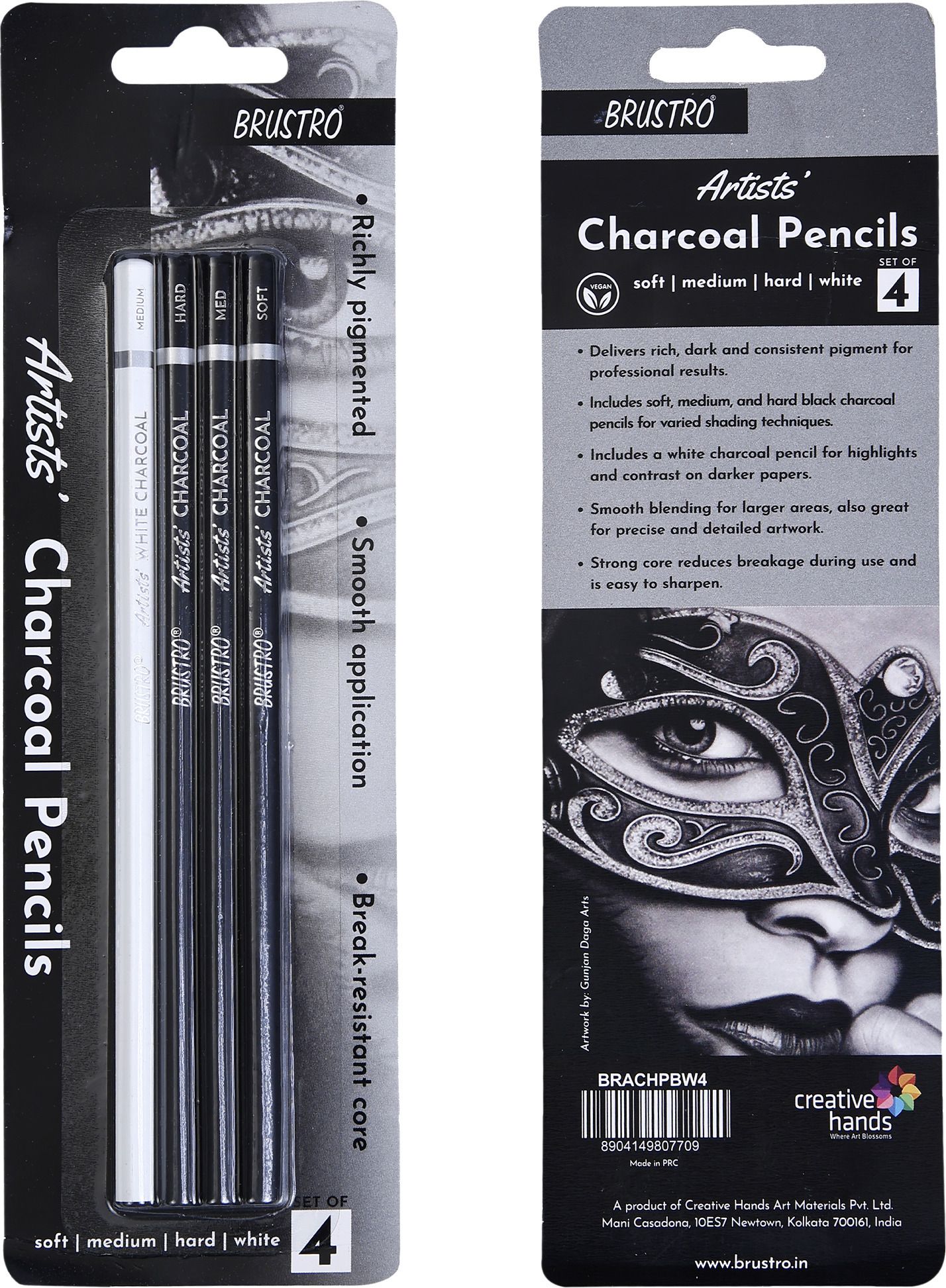 Artists Charcoal Pencil (3 Black - Soft, Medium, Hard and 1 White - Medium) Round Shaped Color Pencils-image-48