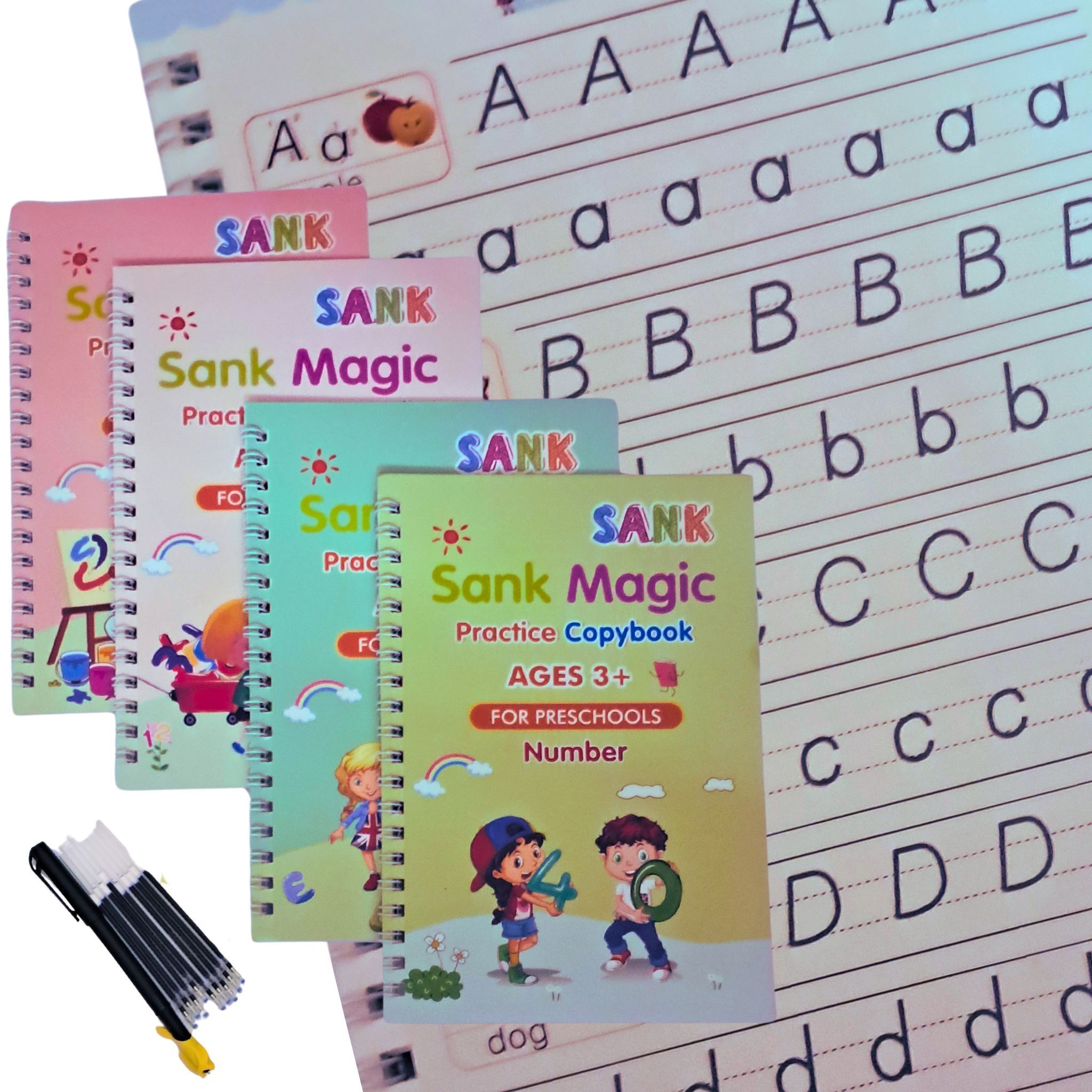 Sank Magic Book-4 BOOKs + 10 REFILL+ 1 Pen +1 Grip NA Shaped Color Pencils-image-29