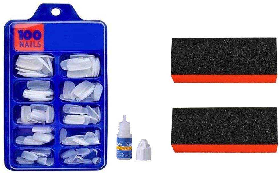 100 Fake Nails and Nails Glue with 2 piece Nail Block Buffer