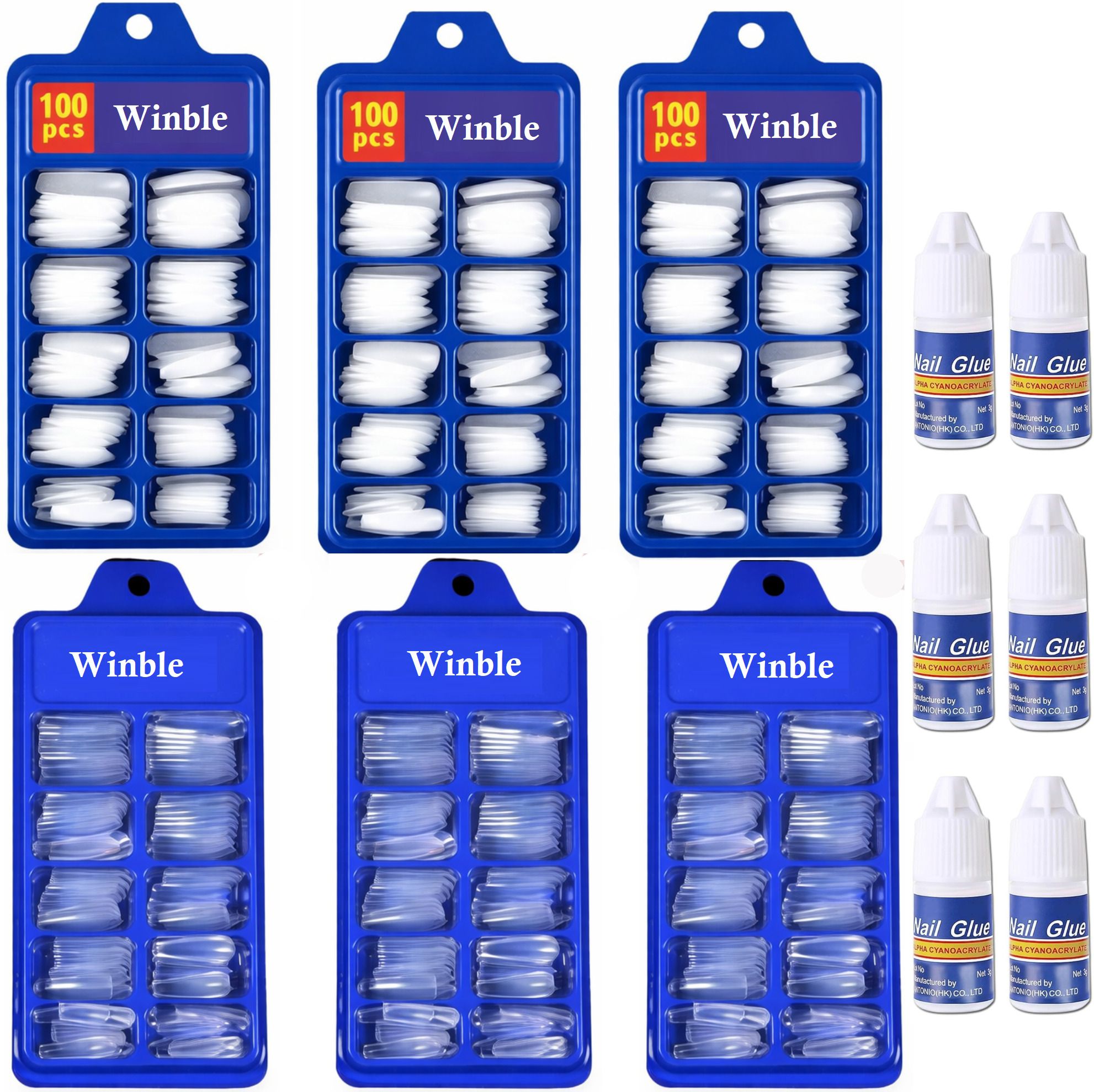White & Transparent False Nails Set with 6 Nail Glue Bottles | Full Cover Artificial Tips-image-45