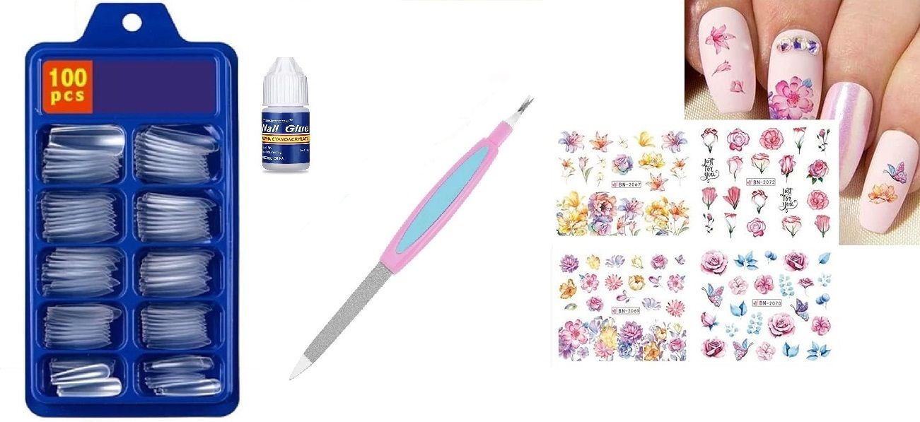 Nail Art Combo Kit – 100 Transparent Fake Nails with Nail Glue, 4 Nail Art Sticker Sheets & 1 Nail Filer