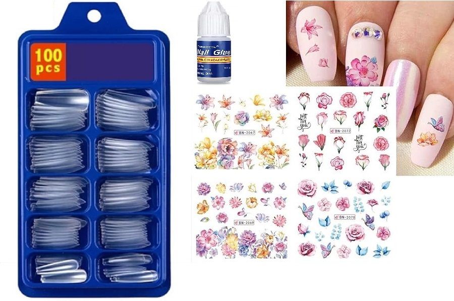 Nail Art Combo Kit – 100 Transparent Fake Nails with Nail Glue & 4 Nail Art Sticker Sheets