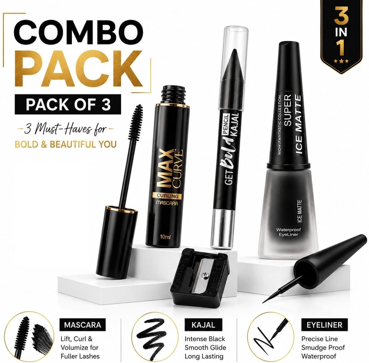 Makeup Combo Kit Mascara Kajal Eyeliner Beauty Essentials Pack of 3-image-43