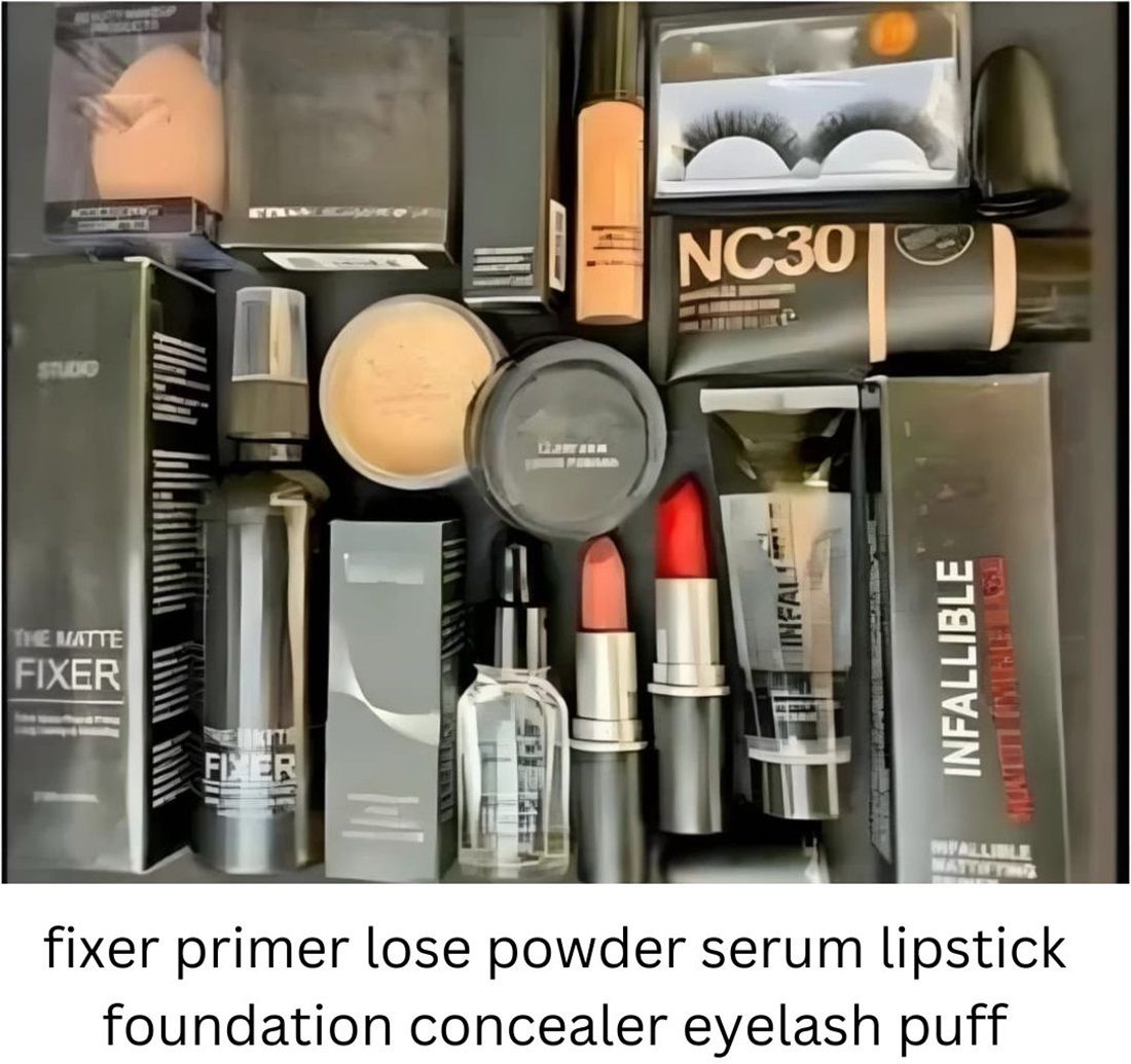 Makeup Combo 10 pcs Fixer, Primer, Loosepowder, 2Lipsticks, Serum, Foundation, Eyelash Etc