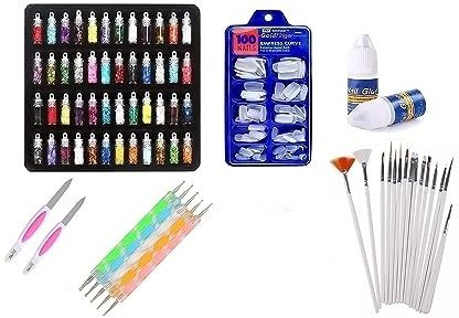 48 Pcs Glass Bottles Glitter Stones, 100 Nails, 15 Nail Art Brush, 5 Nail Dotting Pen, 2 Nail Filer with 2 Glue-image-40