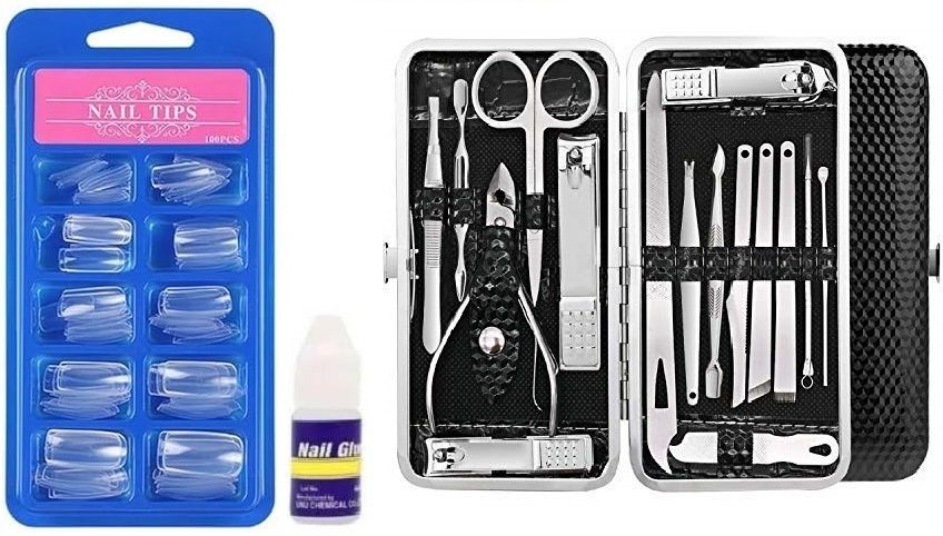 100 Clear False Nails with Strong Glue + 16in1 Manicure Kit in Premium Leather Case (Black)