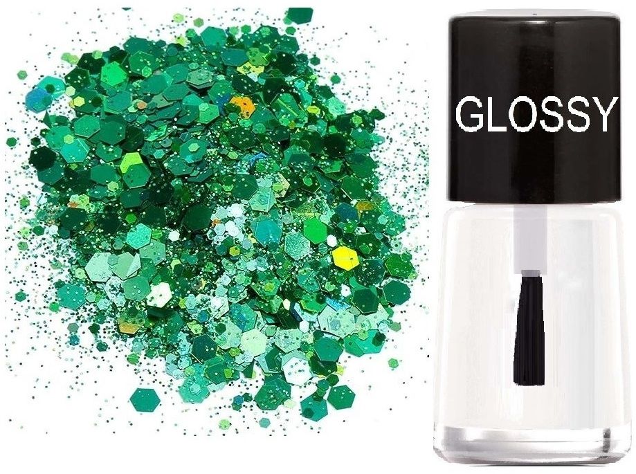 NAIL SHINY GEL POLISH WITH GREEN CHUNKY GLITTER-image-27