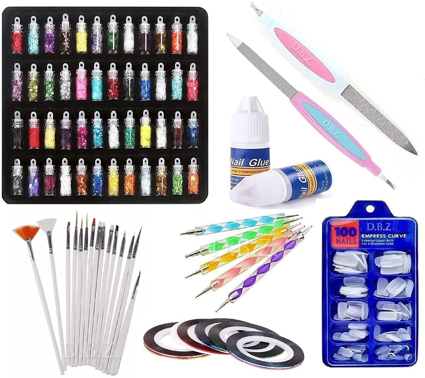 daimanpu 182-Piece Nail Art Kit: Includes 100 Nails, 15 Nail Art Brushes, 5 Dotting Tools, 48 3D Nail Glitter Bottles, 10 Nail Tapes-picture-34