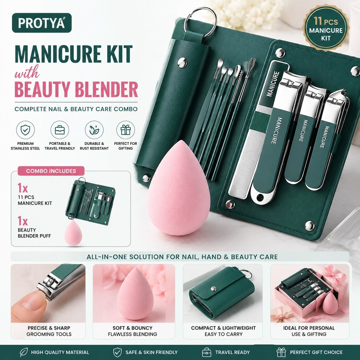 10IN 1 Manicure Kit with Nail Clipper Toe Clipeer with Ear Care Tools with 1 Beauty Blendor Puff Combo-image-34