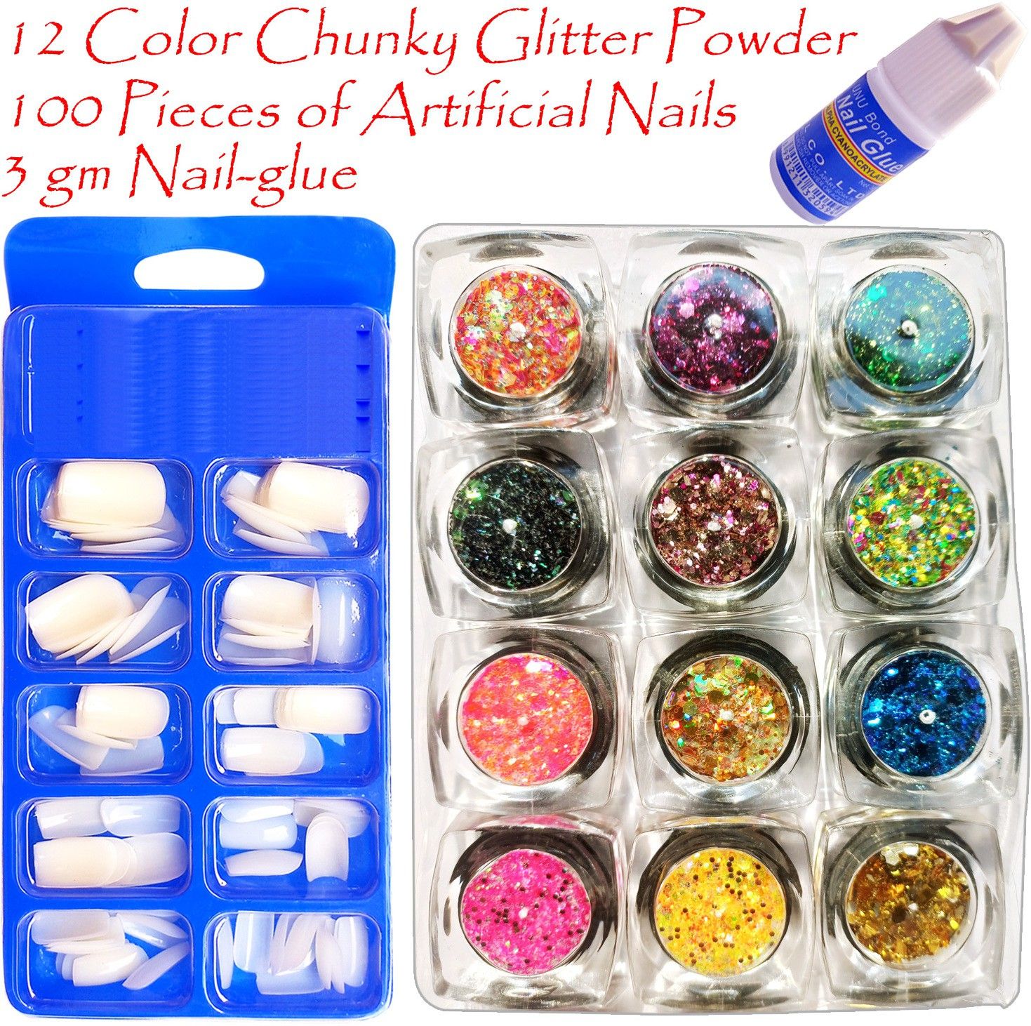 Ultrathin Chunky Glitter Powder Multicolour + 100 Artificial Nails + Nail-Glue-image-24
