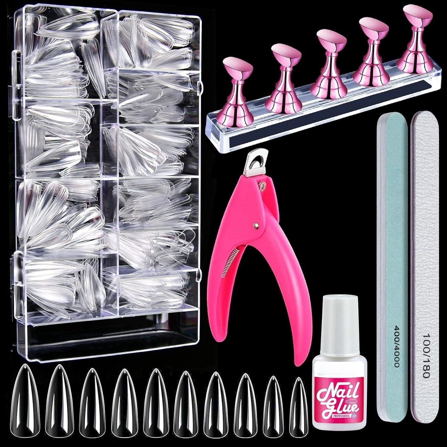Clear & Long Almond Nail Tips Full Cover For Acrylic Nails, Almond Stiletto Shape With Glue, Acrylic Nail Clipper, Nail Stand-image-25