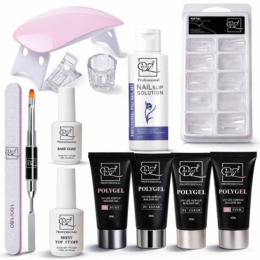 Polygel Nail Extension Kit with UV Lamp | Base & Top Coat 15ml, Polygel Clear White Pink Nude, Slip Solution, Tips, Brush & File-image-21