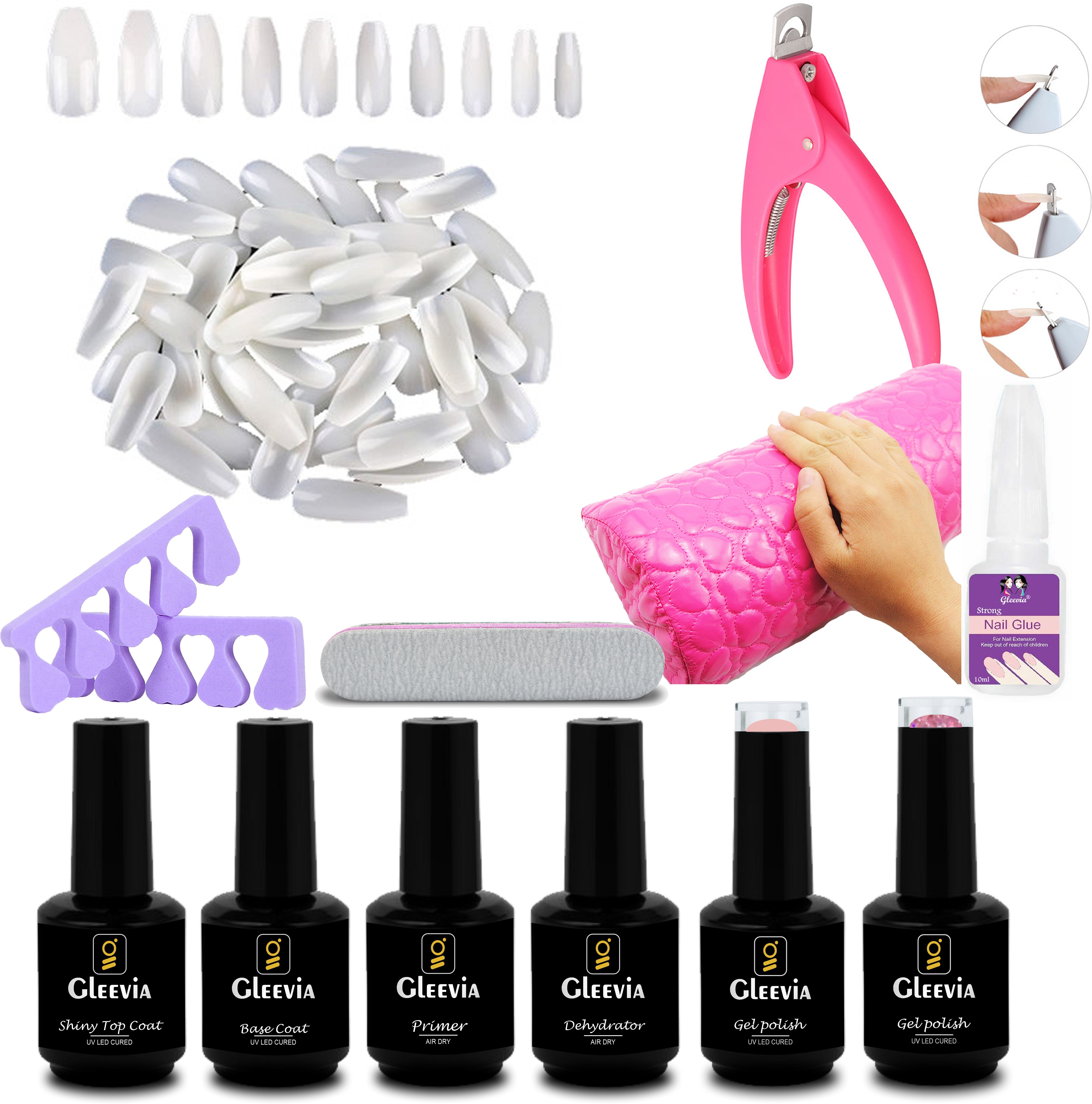 Nail Extension Starter Kit for Beginner Top & Base Coat, Primer, Dehydrator, Glue, Clipper, Spacer, Pellow, 500Tips & Gel Polish-image-4