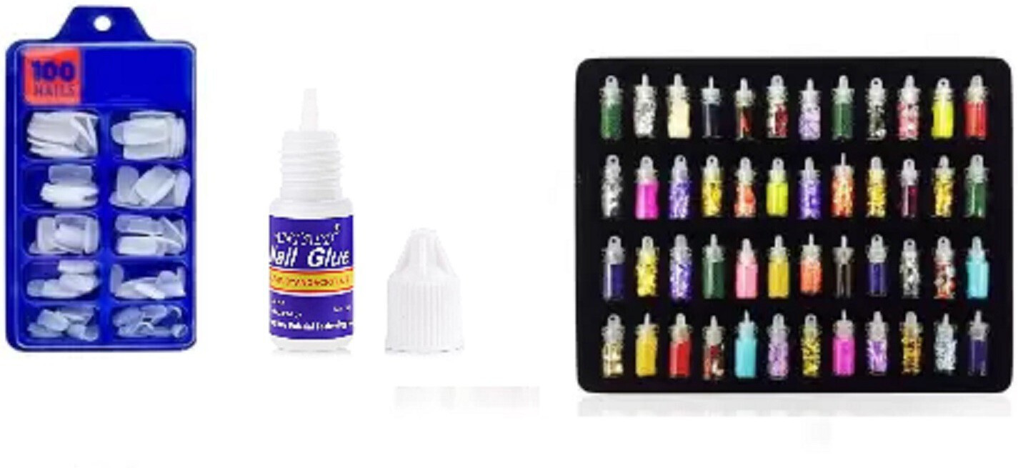 lenon Artificial Empress Curve Fake 100 Nails with 2 glue & Nail Glitter 48 pc image 1