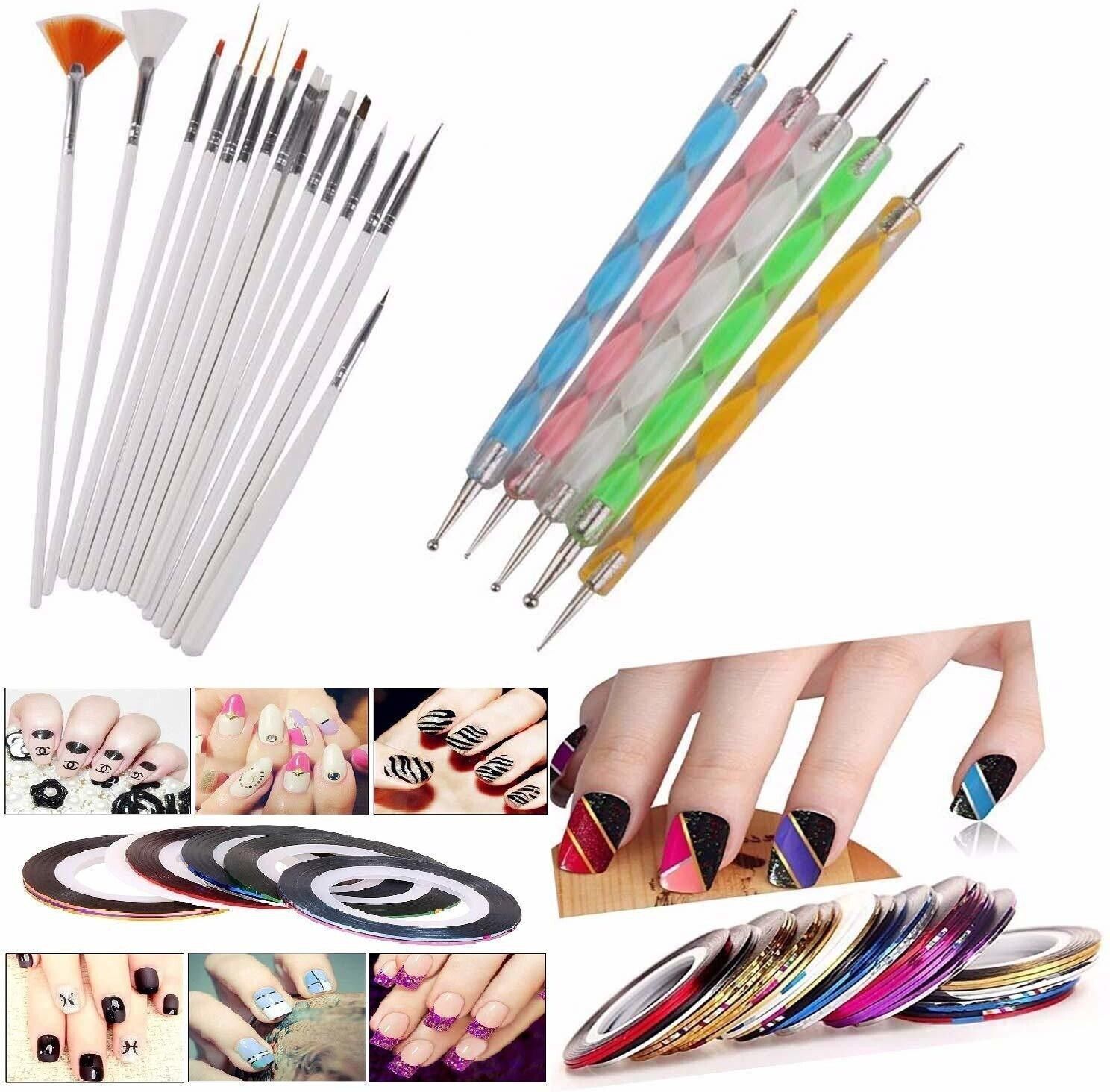 3D Nail Art Kit,15 Nail Brushes, 5 Dotting Pen,10 Adhesive Striping Tape (multicolor)-image-4