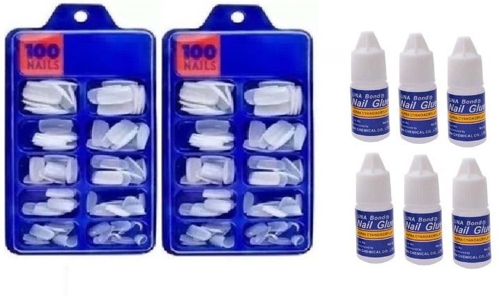 Artificial Nails Set Acrylic Fake false Nails Set Of 200 Pcs Artificial Nails With 6pcs Nail Glue White