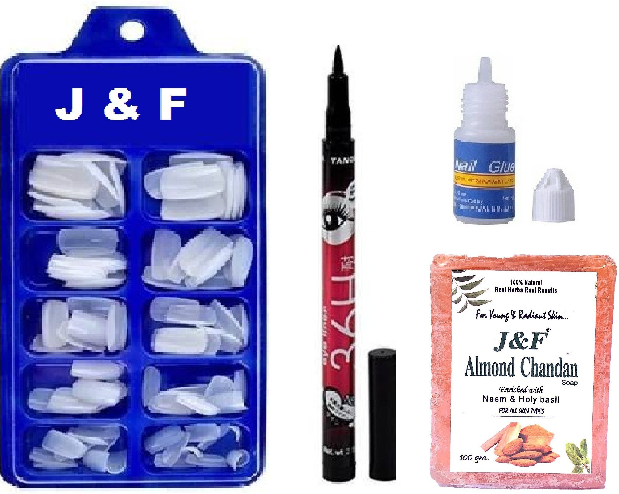 zailie Artificial Gold Finger Fake Nails With Glue ,36 Hours Eyeliner & Chandan Soap image 1