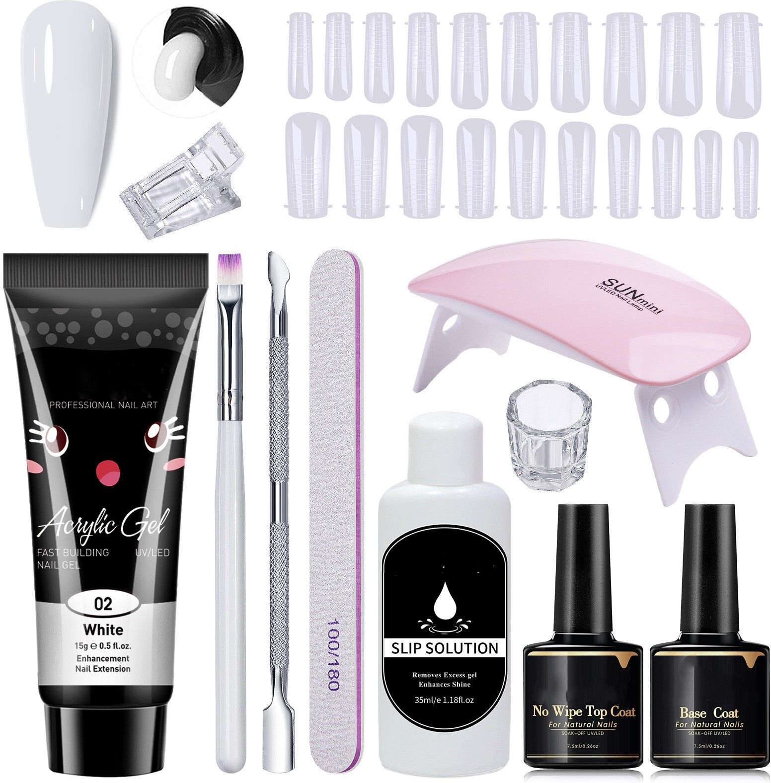 Acrylic Poly Nail Gel Nail Extension Set with Top Coat, Base Coat & UV (White)-image-14
