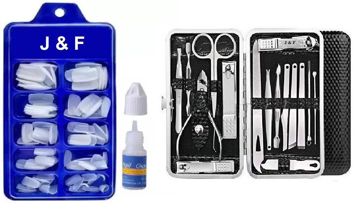 j & f Artificial Gold Finger Nails With Glue & 16 in 1 Manicure Pedicure Tool Kit image 1