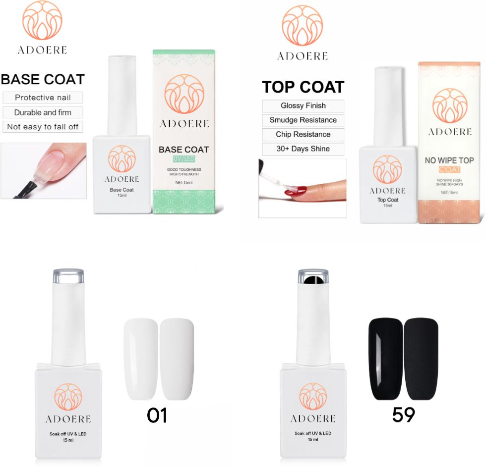 Combo Kit of UV Top Coat Glossy, Base Coat & 2Pc Gel Polish 15ml Each (Black & White)