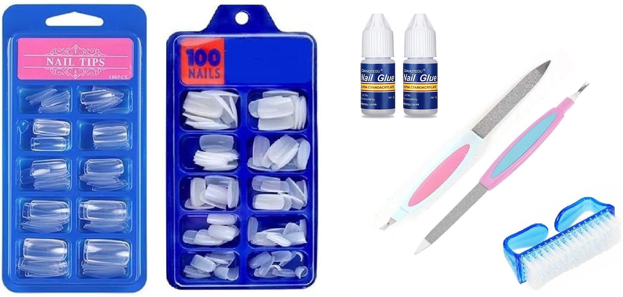 White & Transparent Artificial Nails with 2 Nail Glues, 2 Nail Filers, and Nail Scrub Brush | Long-Lasting, Natural-Looking