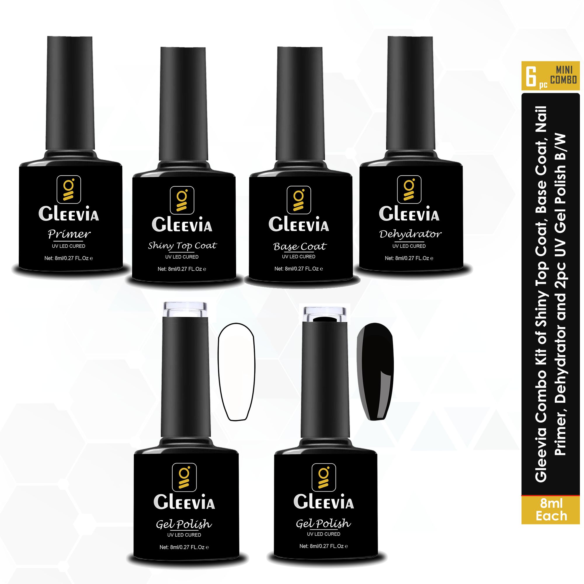 Professional Combo Kit of UV Top Coat Glossy, Base Coat, Nail Primer, Dehydrator and 2Pc Gel Polish 8ml Each (Black & White)-image-8
