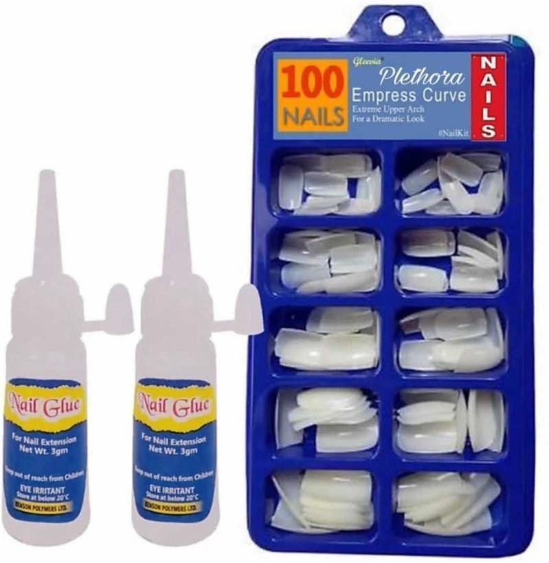 plethora Reusable 100 Tips Fake Acrylic Artificial Nails with 2 Glue White (Pack of 100)-picture-0