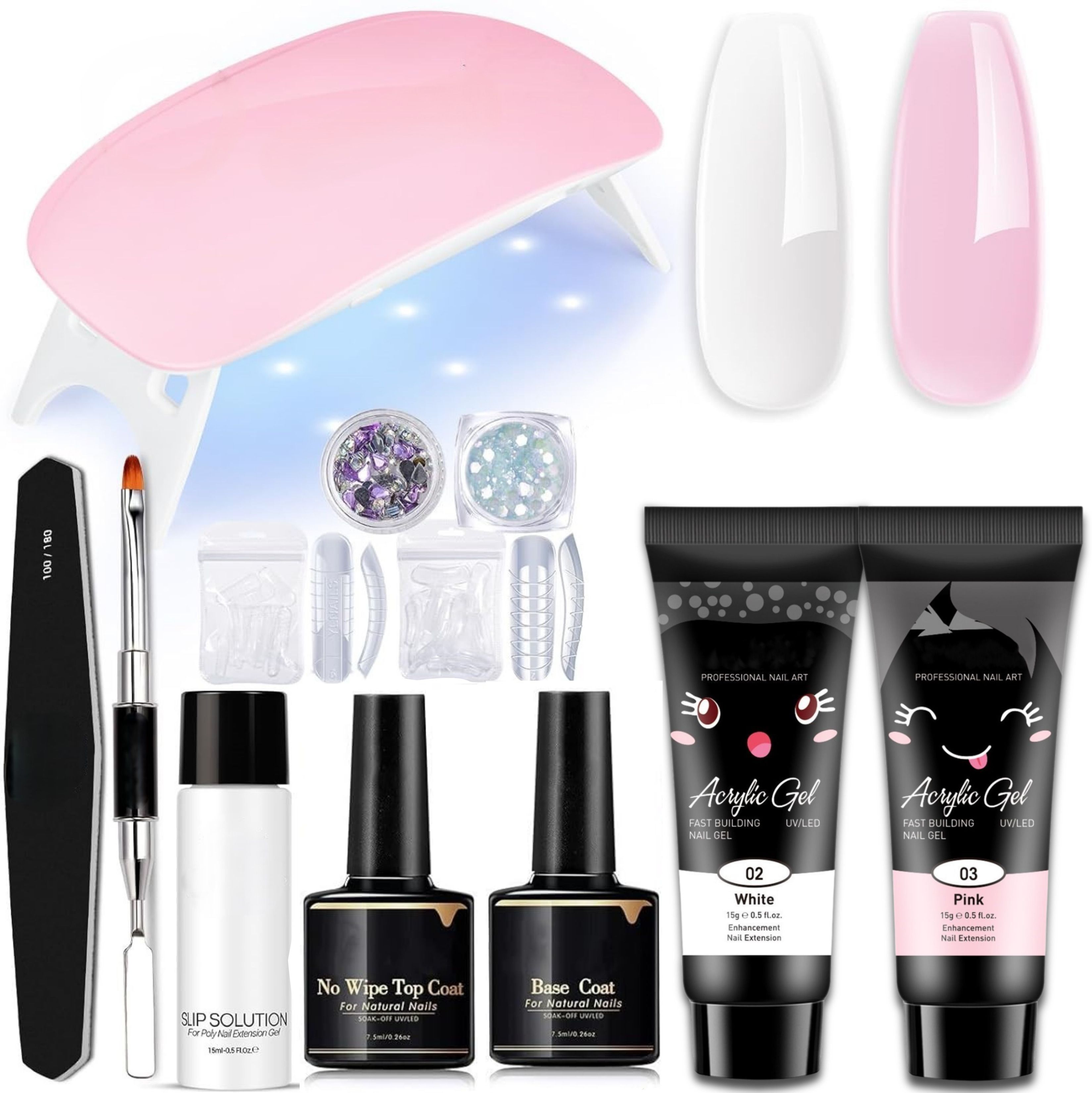 Poly Nail Gel Kit Builder Extension Gel French Nail with Nail Lamp Slip Solution Rhinestone Nail Manicure Complete Kit
