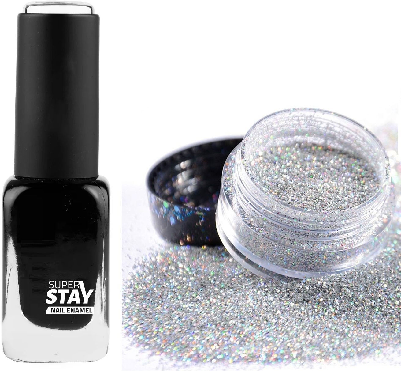 GLOSSY FINISH BLACK NAIL PAINT COMBO & MULTI USE MINI GILLITER SILVER-image-23