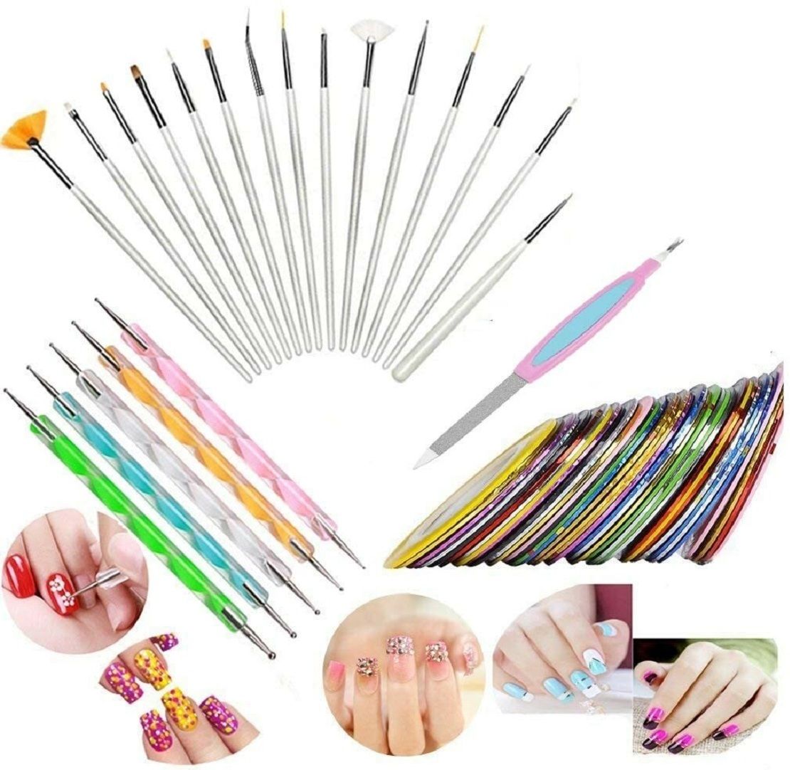 3D Nail Art Kit,15 Nail Brushes, 5 Dotting Pen,10 Adhesive Striping Tape , nail filer (multicolor)-image-6