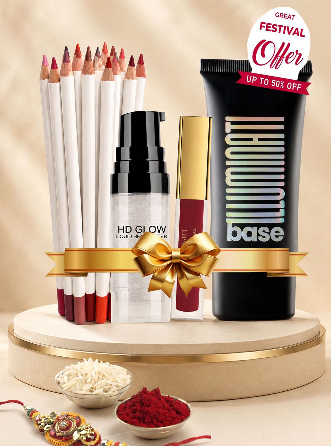 4 in 1 Full Face Makeup Combo Kit –Includes HD Highlighter, Liquid Lipstick, Lip Liners Set, Illuminati Base Highlighter-image-4