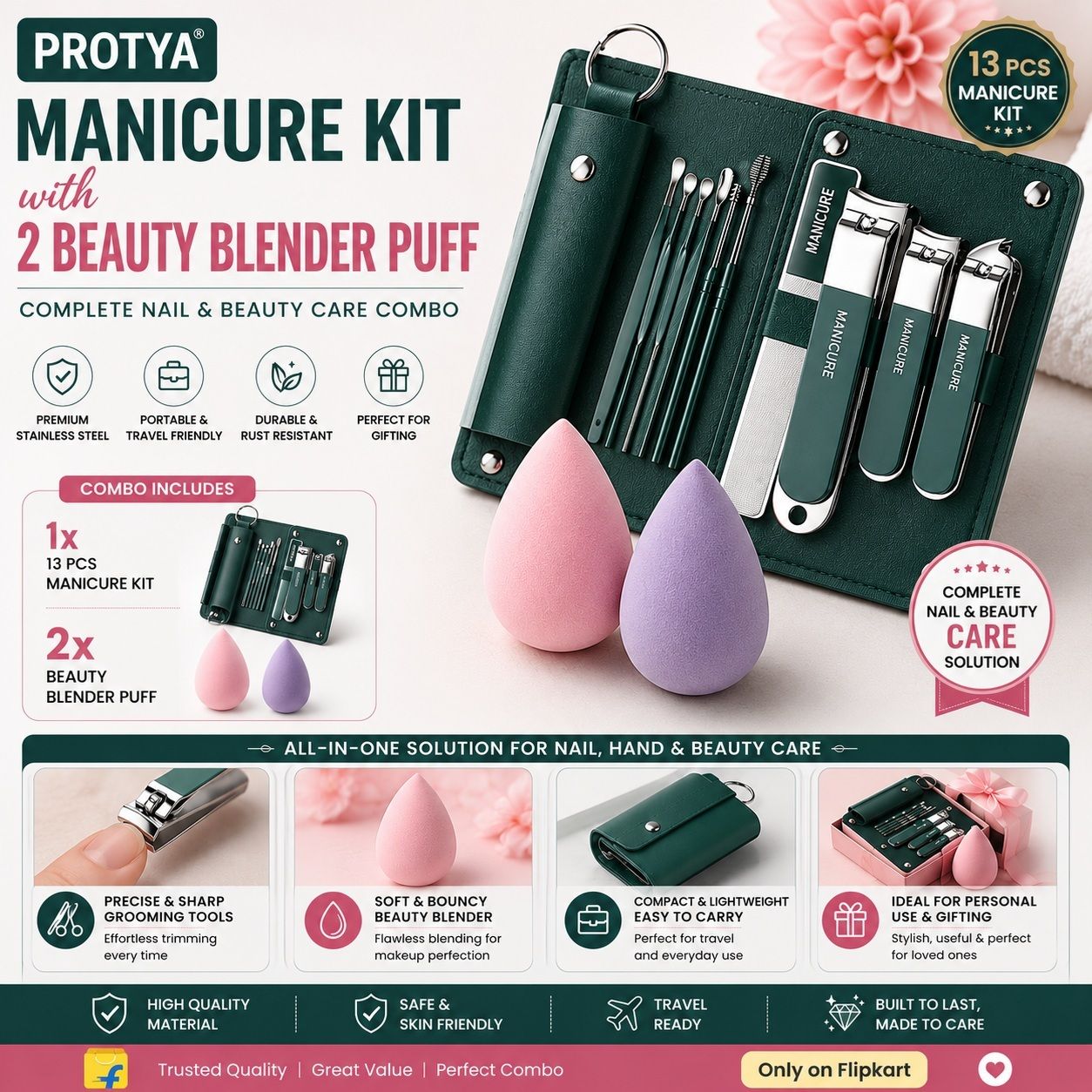 13 Pcs Stainless Steel 10 in 1 Manicure Kit with 2 Beauty Blender Puffs-image-41