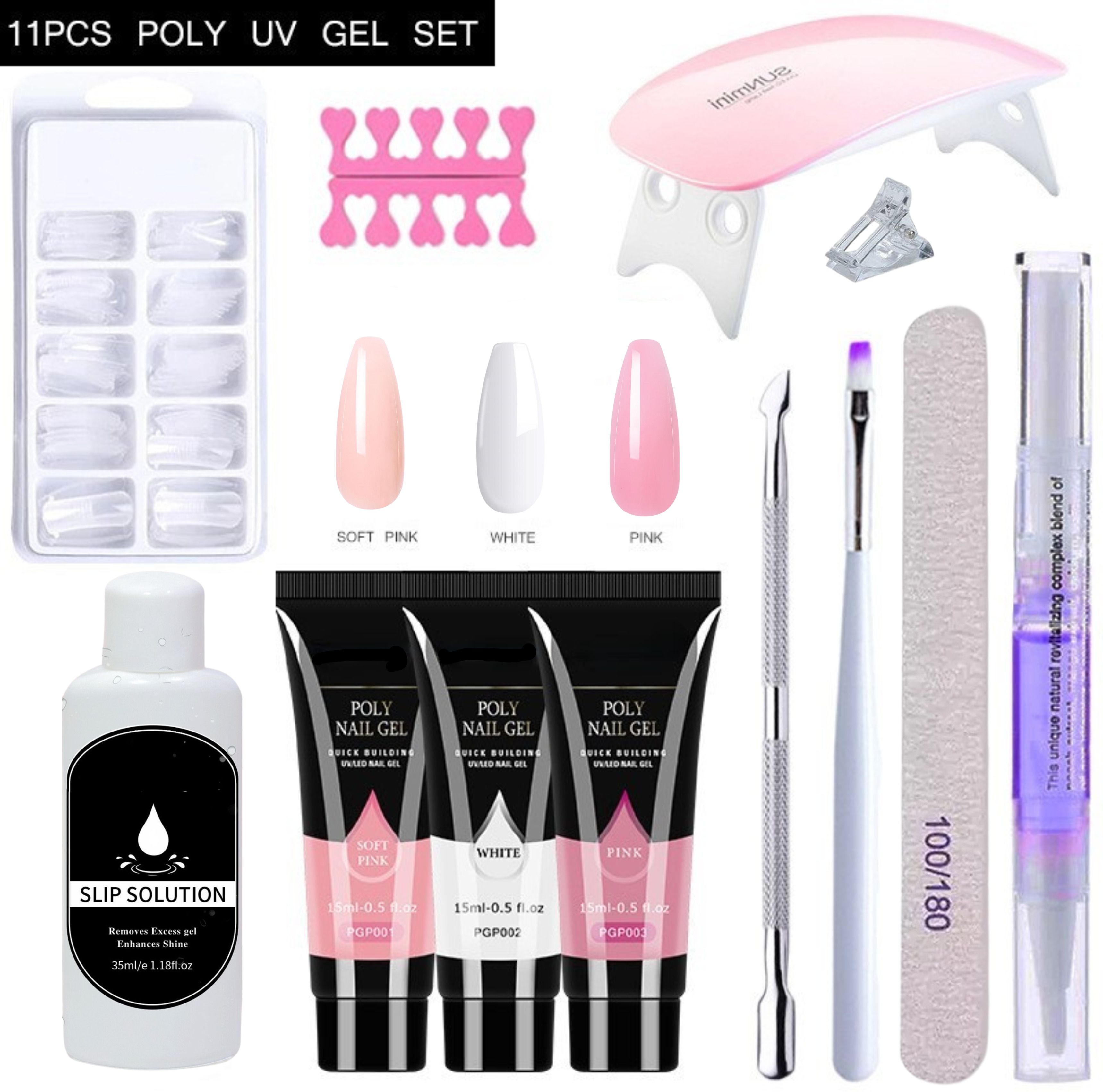 Poly Nail Gel Extension Kit for Builder Gel UV Nail Art Kit Nail Extension Set (Pink, , White)