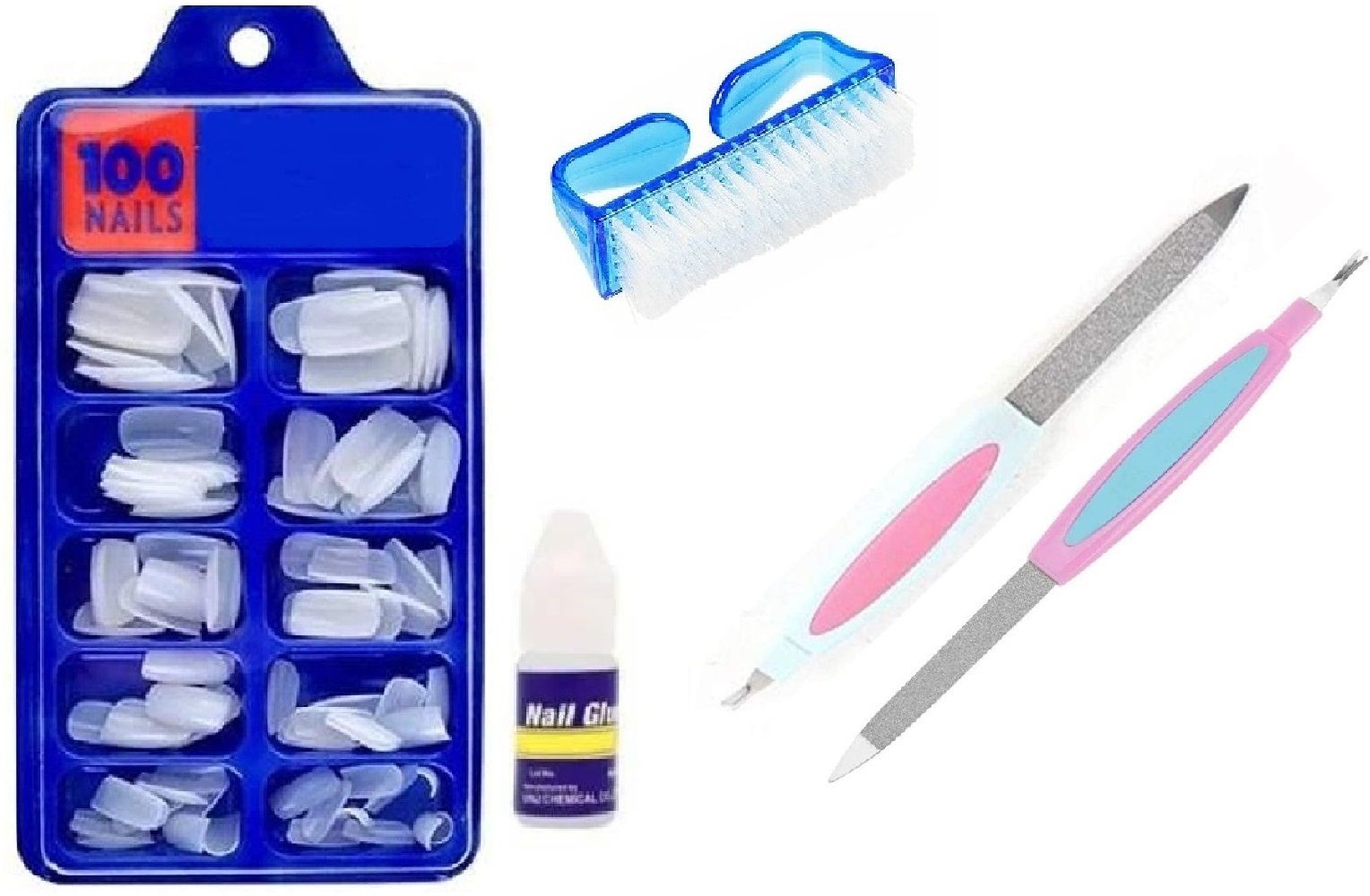 Artificial White Nails Set with Nail Glue, 2 Nail Filers & Nail Scrub Brush Long-Lasting, Salon-Quality