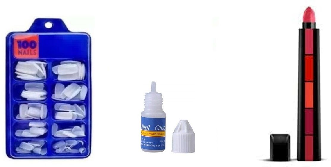 Artifical Nails with Glue & fab 5 Lipstick