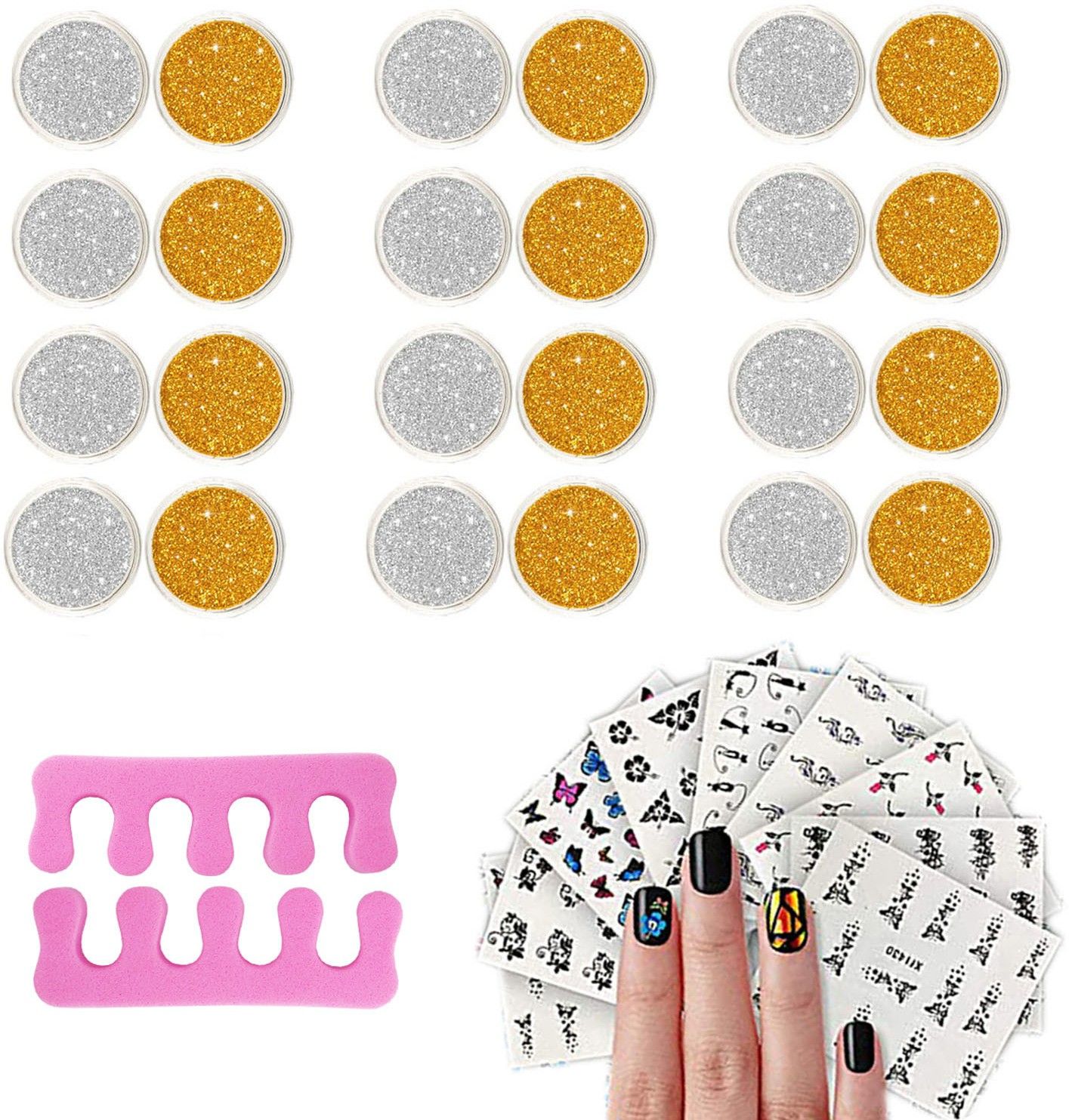 Silver Golden Glitters Dust Powder Sparkling Nail Art Toe Finger Separator Different Patterns Sticker Sheets 9 pcs-image-5
