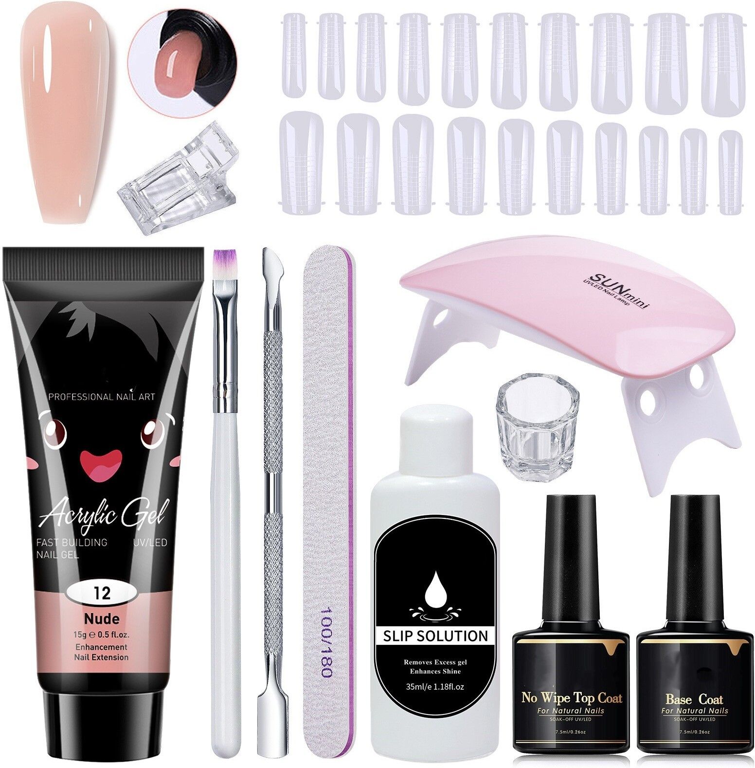 Acrylic Poly Nail Gel Nail Extension Set with Top Coat, Base Coat & UV (Nude)