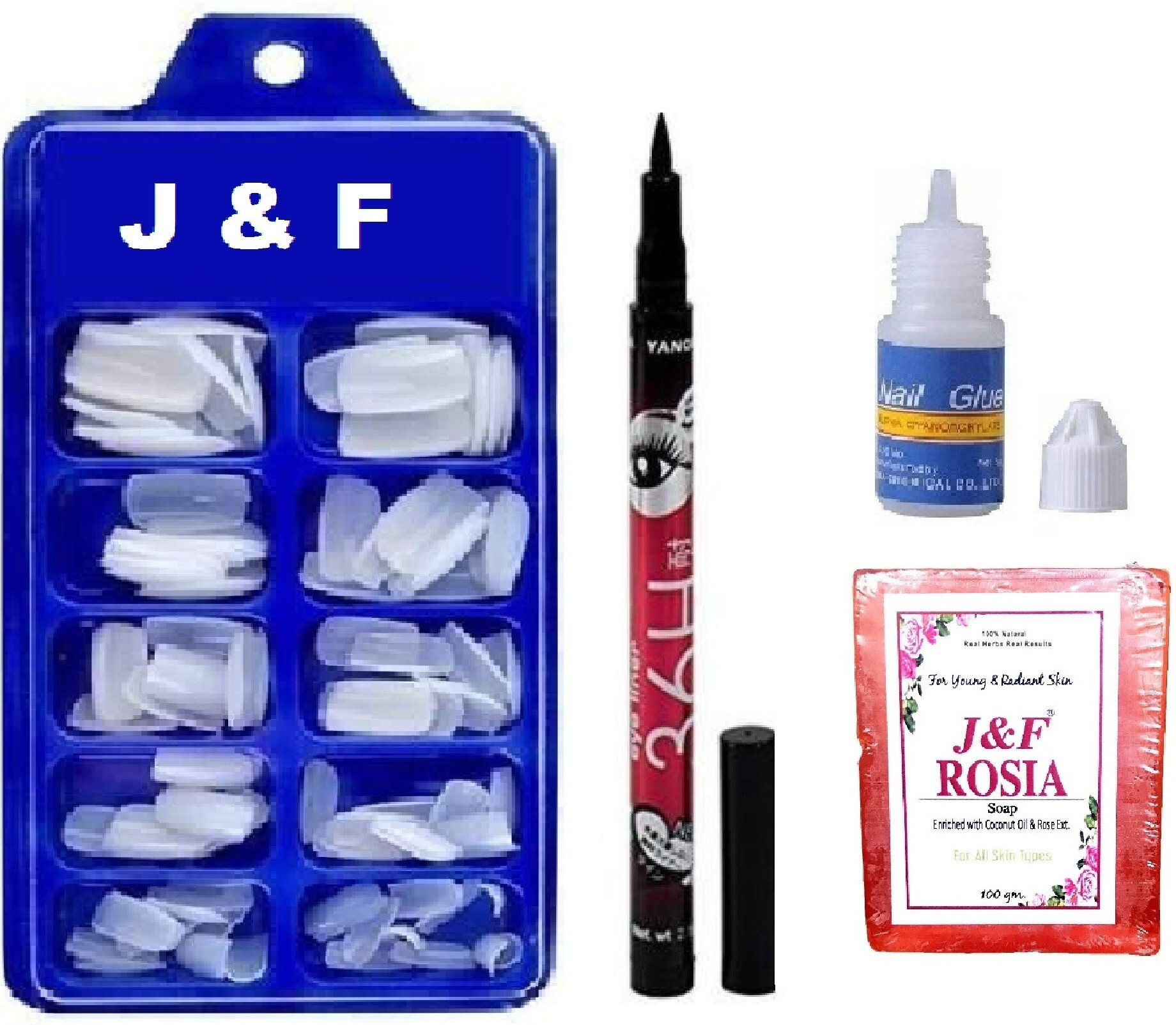 alkaf Artificial Gold Finger Fake Nails With Glue ,36 Hours Eyeliner & Rose Soap image 1