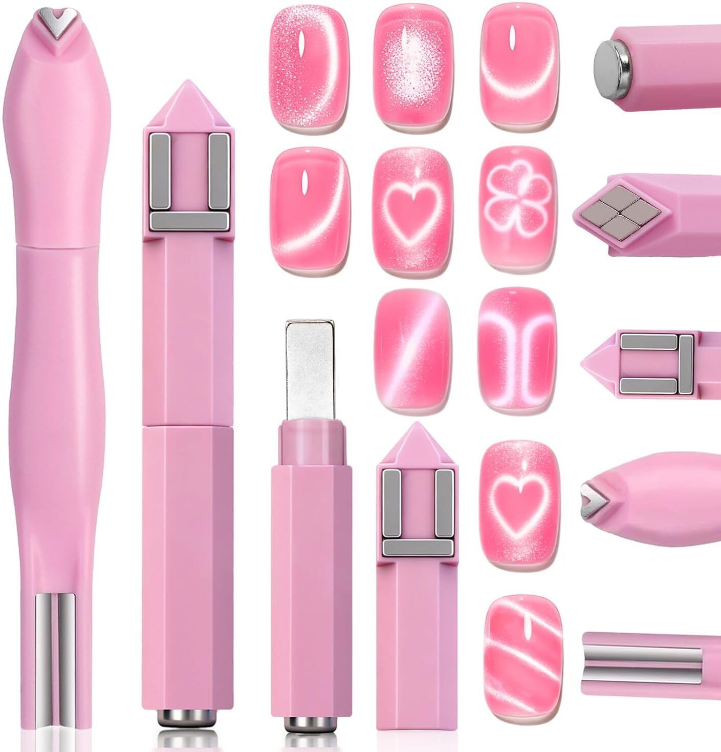 2 Pcs Cat Eye Nail Magnet Pen Set 3-in-1 & 4-in-1 Magnetic Tools for Cat Eye Gel Polish Designs Heart Grid French Nail Art-image-1