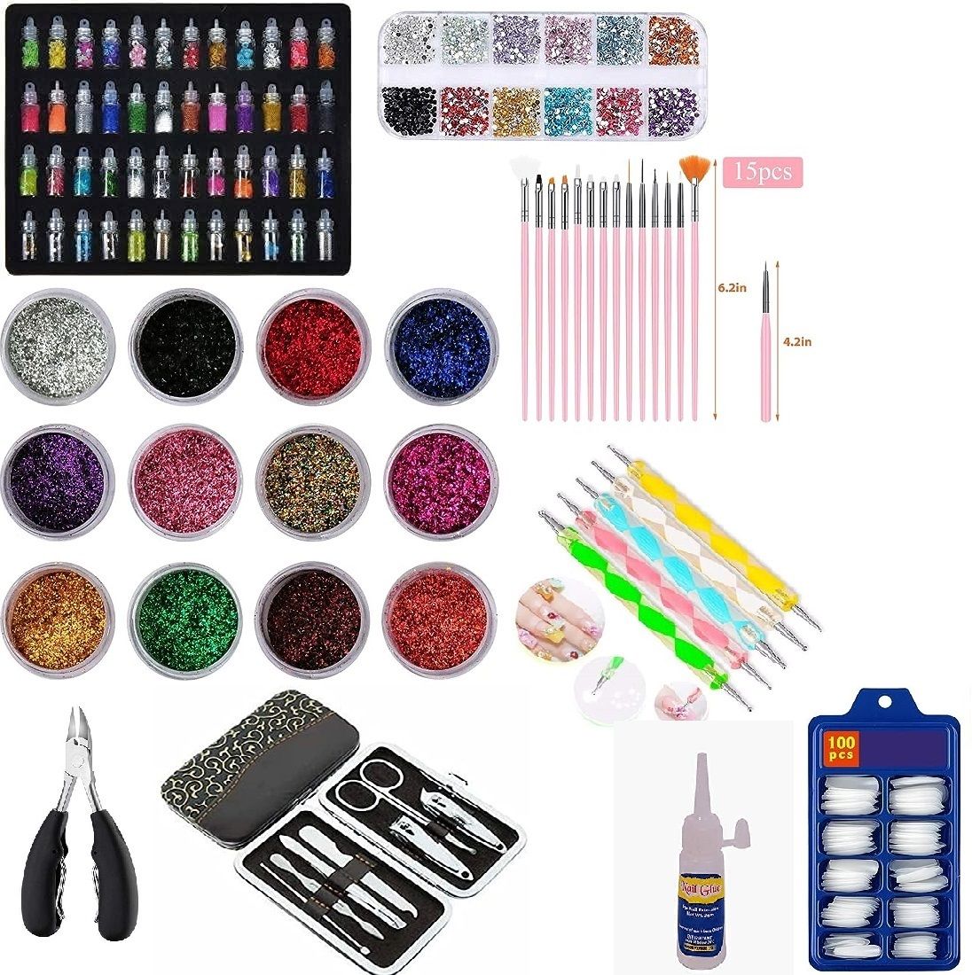 48 Bottles Glitter,12 Nail Art Ringstone,12 pcs Nail art Glitter & 15 Pcs Nail Brush,5 pcs Nail Pen,7Manicure With Nail Cliper-image-1