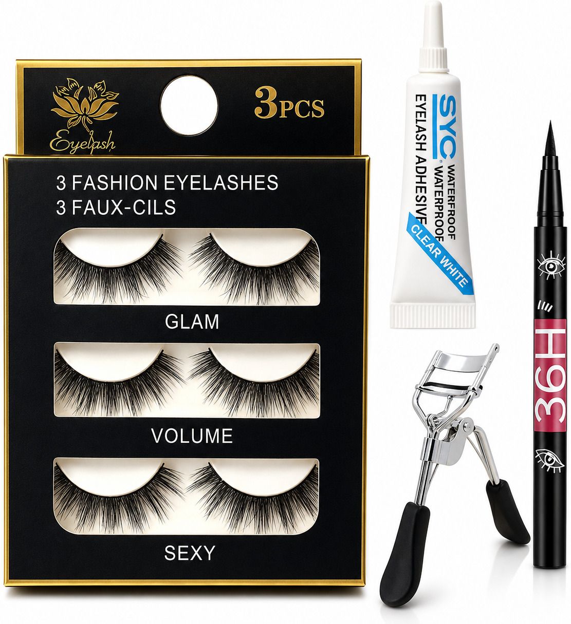 3 Pair Reusable Faux Mink Lashes withLash Glue, Eyeliner & Curler-image-48