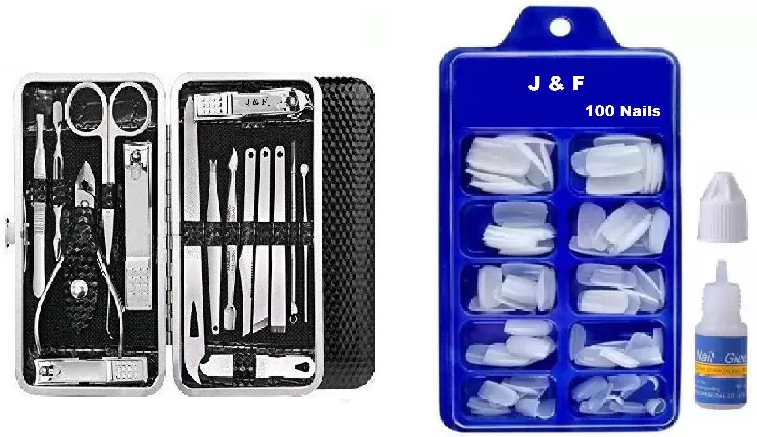 j & f Artificial Nails With Glue & 16 in 1 Manicure Tool Kit image 1