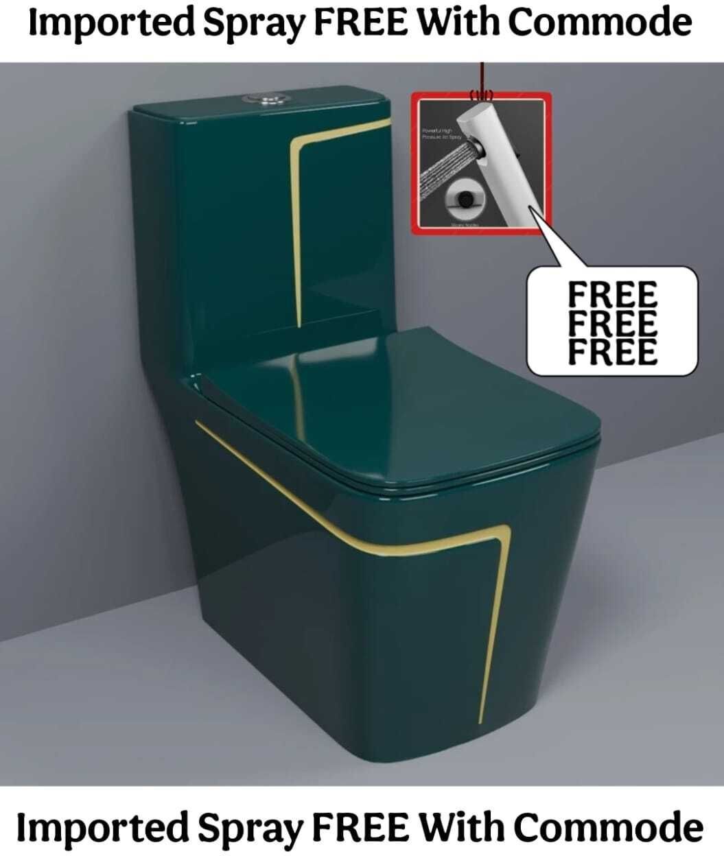 solano Designer Western Toilet in Dark Green & Gold | Dual Flush & Soft Seat Royal Green commode with Yellow Finishing Line and Round Flush Button Western Commode-picture-31